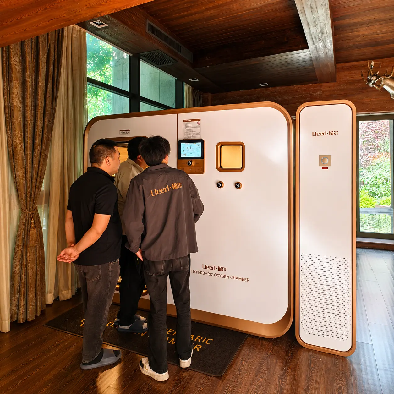 Home hyperbaric oxygen chamber in a private residential wellness room