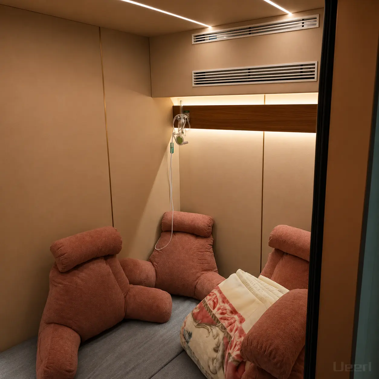 Person relaxing inside a spacious Ueerl home hyperbaric oxygen chamber