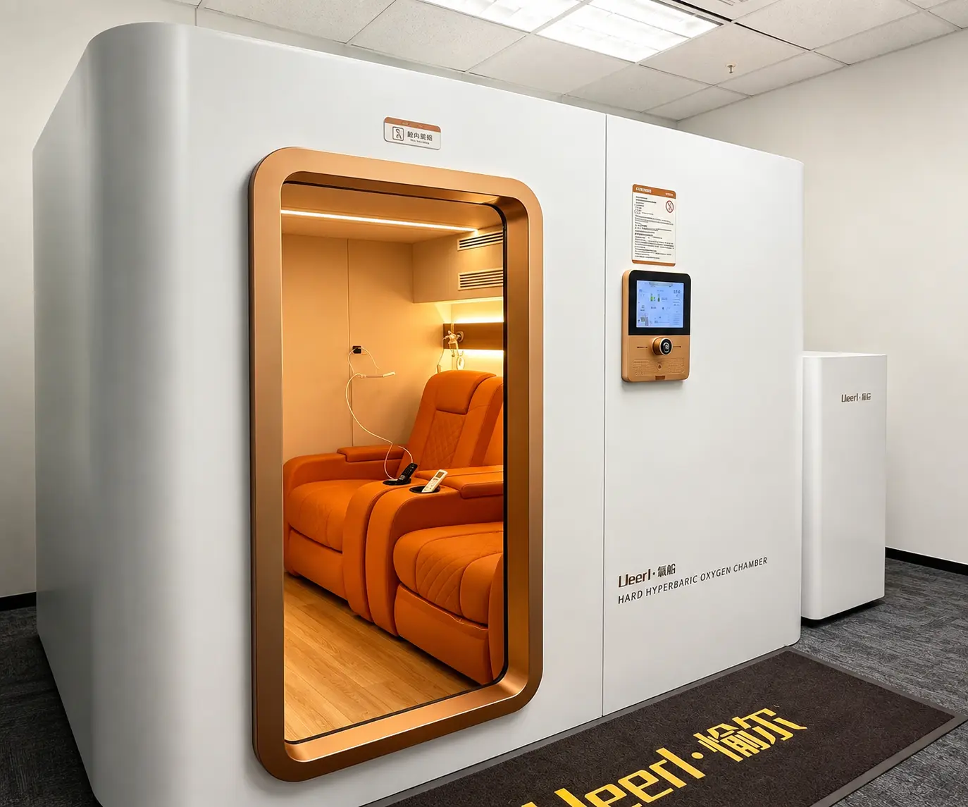 Clinician discussing post-reconstructive recovery beside a hyperbaric oxygen chamber