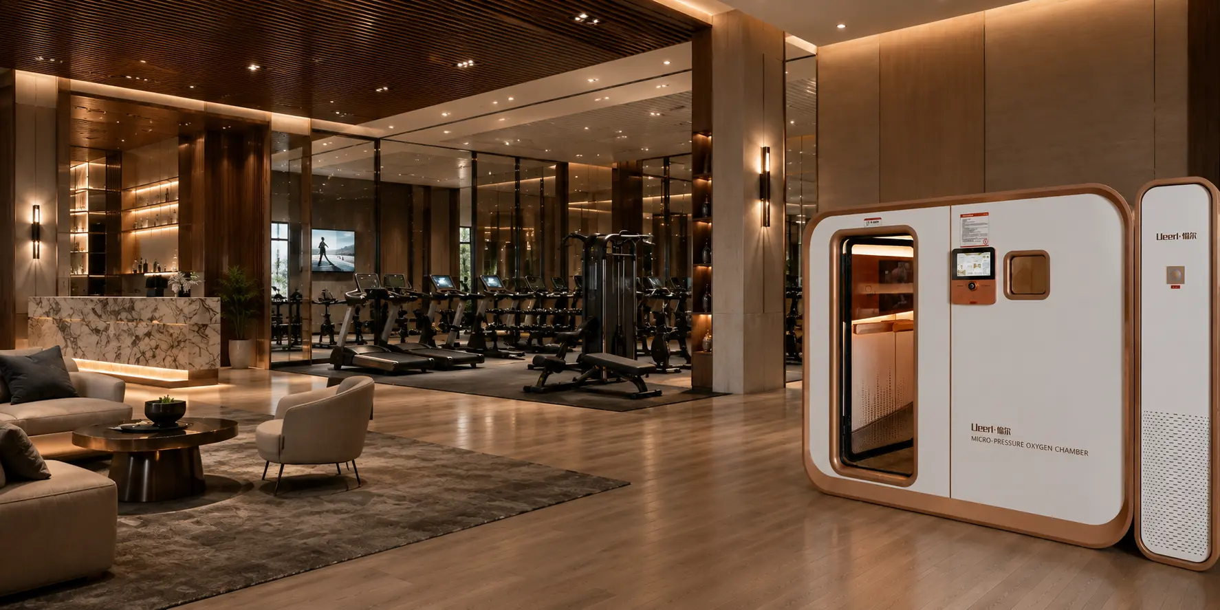 Premium gym recovery room featuring a Ueerl hyperbaric oxygen chamber