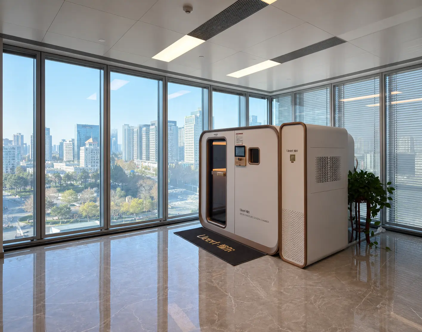 Ueerl hyperbaric oxygen chamber in an executive office and modern workspace
