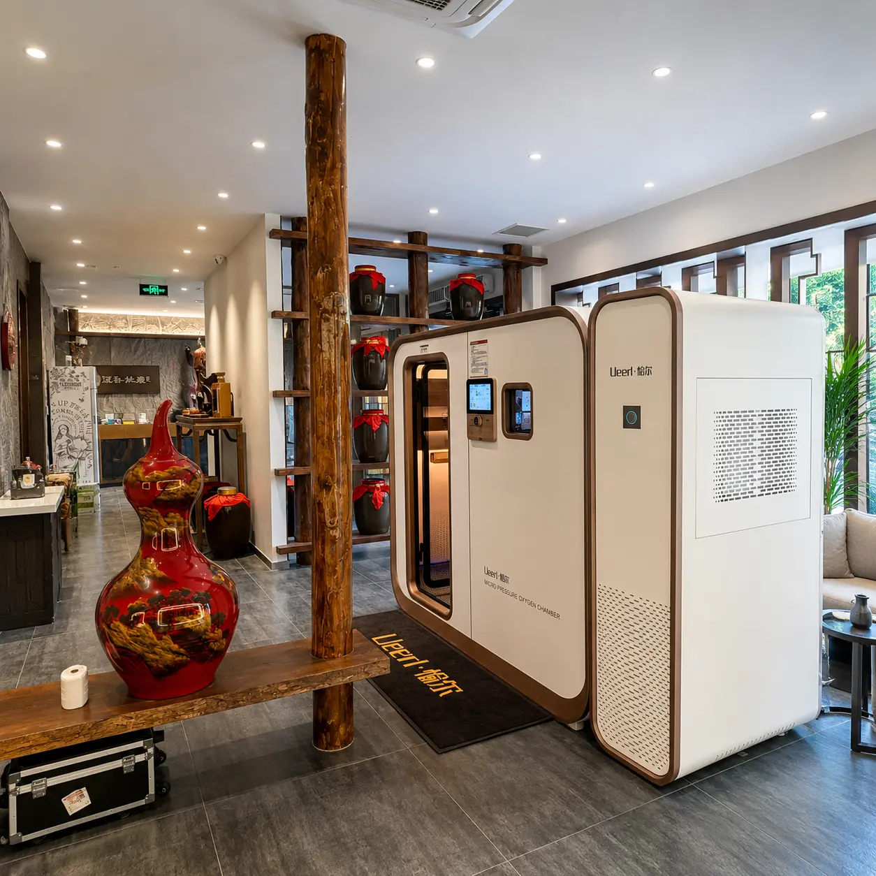 Ueerl hyperbaric oxygen chamber in a corporate headquarters wellness room