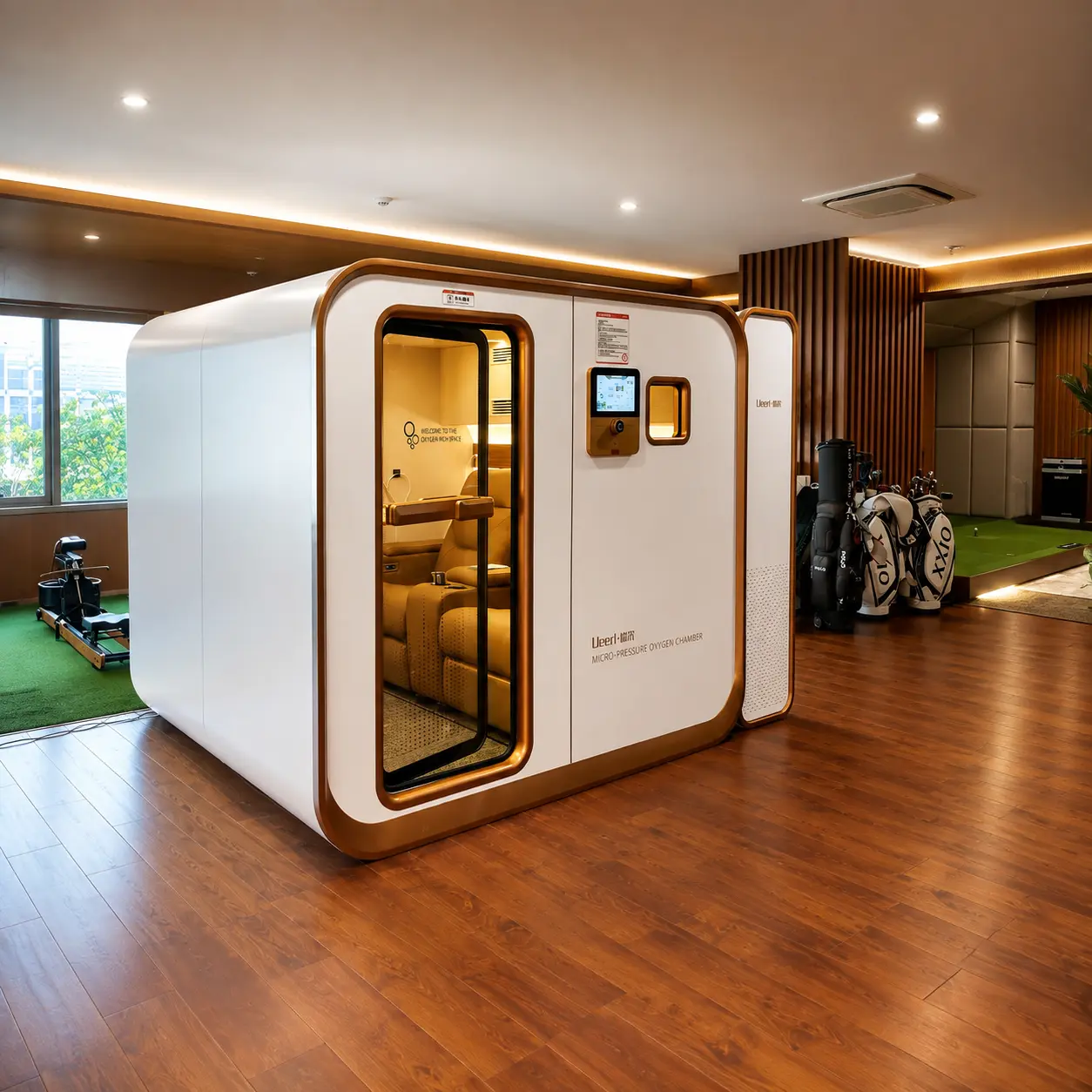 Private Ueerl hyperbaric oxygen chamber for an executive office suite