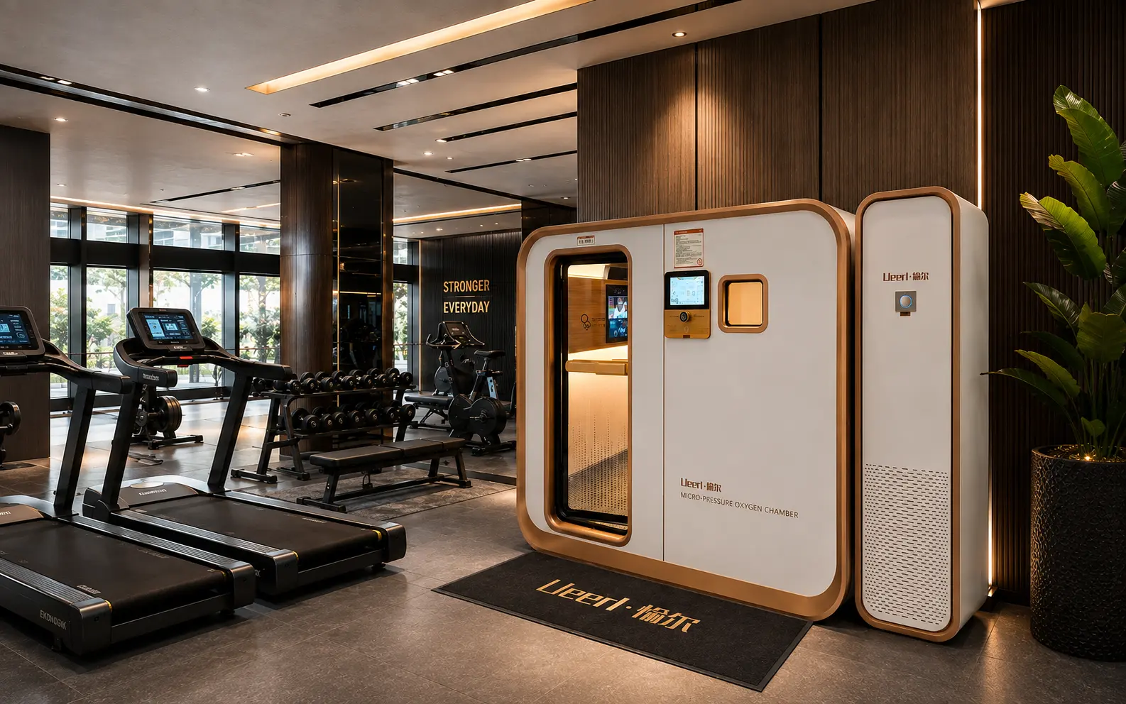 Ueerl modular hyperbaric oxygen chamber installation in a fitness center recovery room