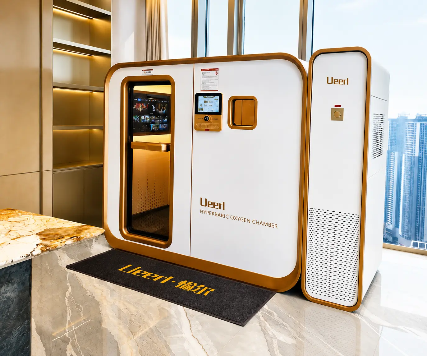 Ueerl hyperbaric oxygen chamber in an executive office recovery suite
