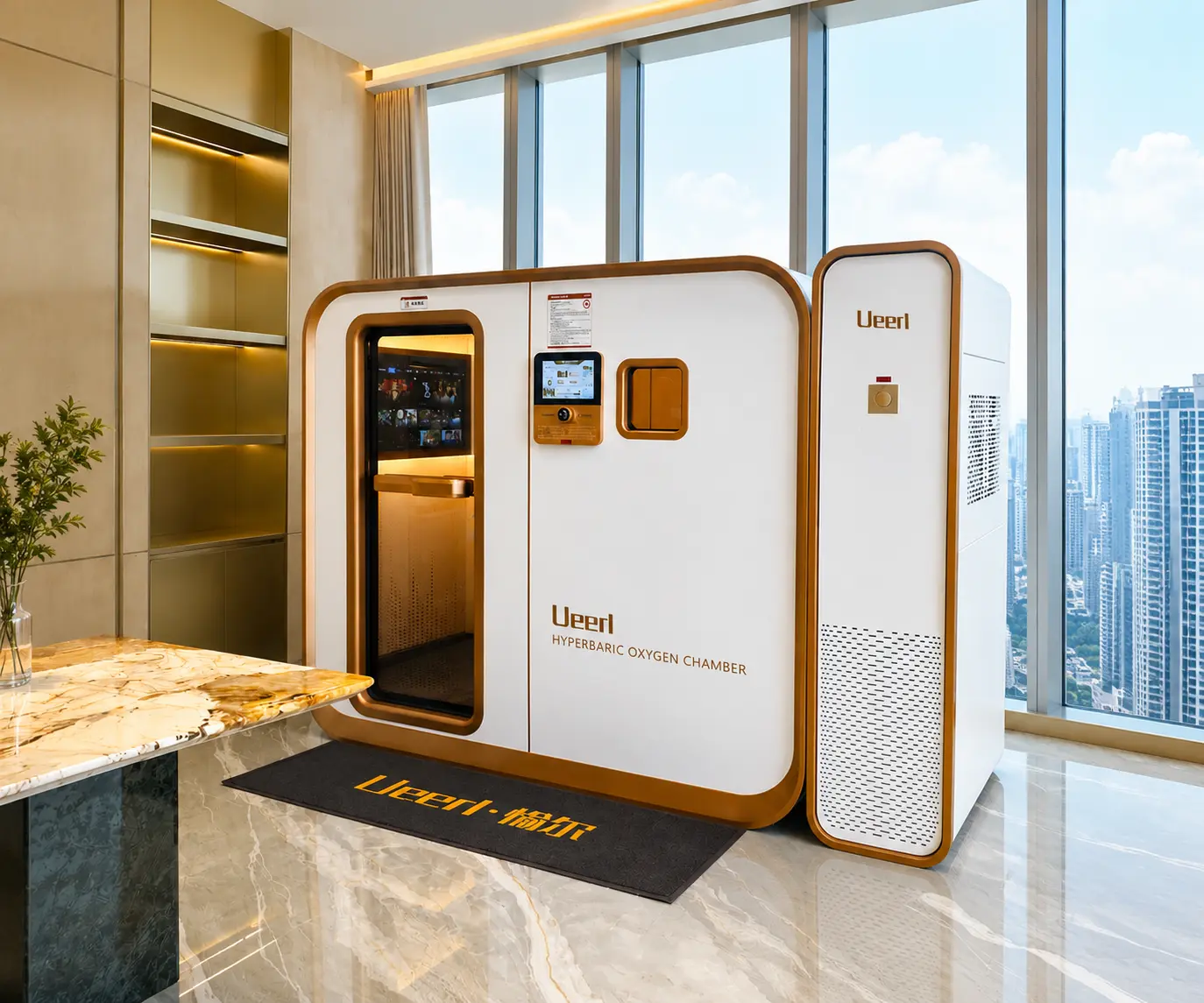 Ueerl hyperbaric oxygen chamber in an executive residence and private office wellness suite